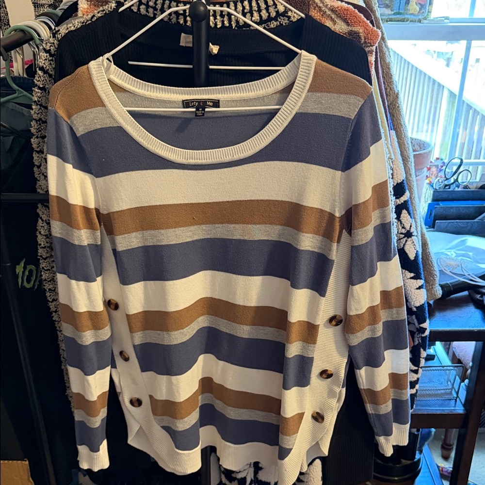 Striped Round Neck Sweater in Blue, White & Tan